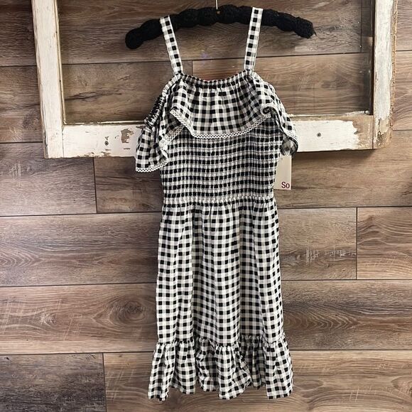 SO Girls Smocked Buffalo Plaid Sun Dress Size Small Black White NWT - Picture 3 of 7